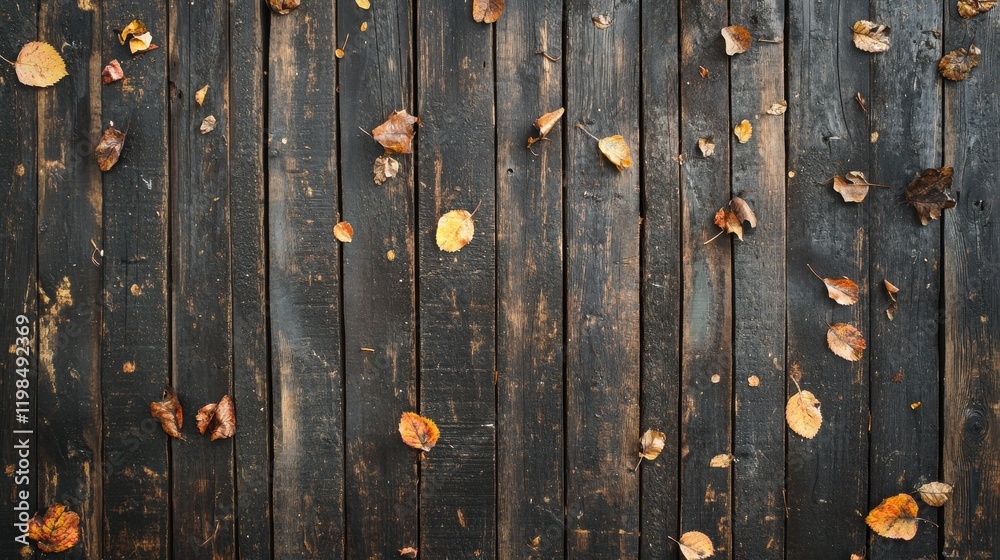 Fototapeta premium Autumnal Leaves Scattered on Dark Wooden Planks, Natural Texture Background.