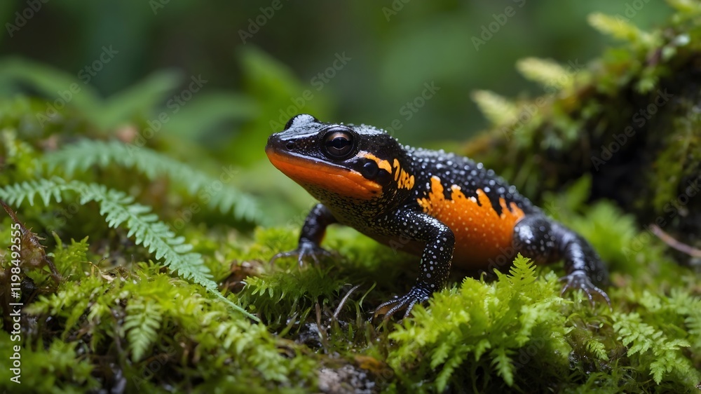 Fototapeta premium Alpine Newt Amidst the Green: Perched on a Moss-Covered Rock in the Forest