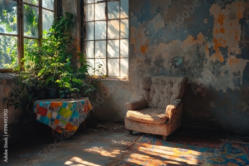 Sunlit abandoned room with armchair, plants, and patched tablecloth. photo