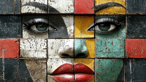 Abstract Wooden Mosaic Face Art Piece