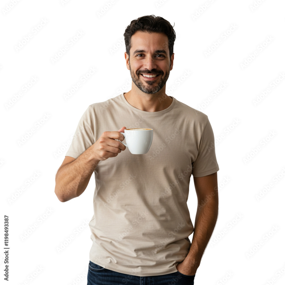 Happy Man Holding Coffee Cup Smiling Beige TShirt Casual Morning tea male drink style model black image photo Happy Man Holding Coffee Cup Smiling Beige TShirt Casual Morning tea male drink style model black image photo