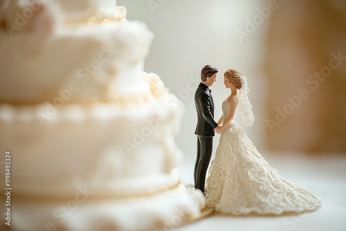 A bride and groom figurine stand before a blurred, tiered wedding cake, symbolizing love and marriage. photo