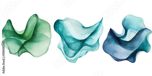 Abstract watercolor painting of three flowing, translucent shapes in green, teal, and blue hues.