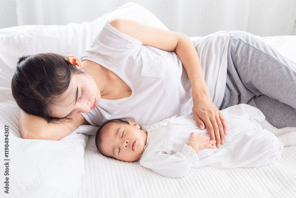 Asian young mother lullaby newborn baby on bed, tired single mom lying down next to adorable infant with tender. Women and toddlers 0-1 month sleeping, nurturing moment in soft natural lighting. Asian young mother lullaby newborn baby on bed, tired single mom lying down next to adorable infant with tender. Women and toddlers 0-1 month sleeping, nurturing moment in soft natural lighting.