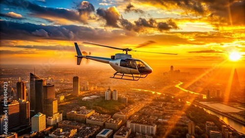 Aerial Cityscape at Sunset: Helicopter View, Golden Hour, Urban Panorama, Dramatic Light