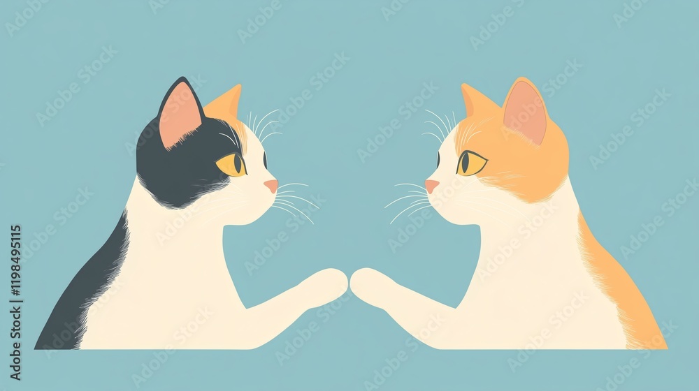 Fototapeta premium Profile view of pair of calico cats holding hands. Background is solid light blue. colors are solid and basic. Each body part is single solid color.