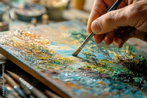 Close-up of an artist's hand skillfully applying paint to a canvas, creating a vibrant landscape. photo