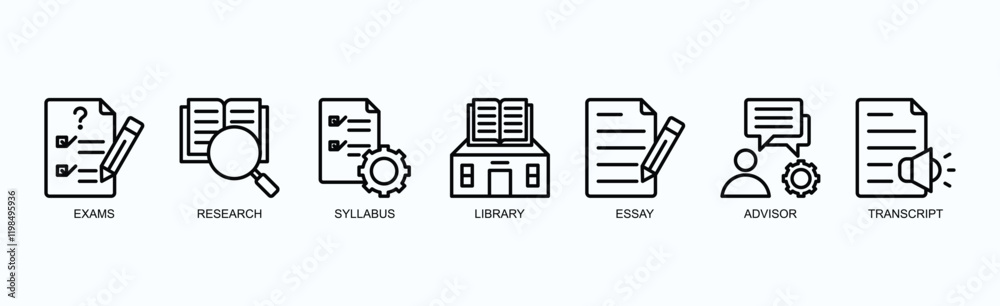 Academic Essentials Icon Set Isolated Vector Illustration Concept With Icon Of Exams, Research, Syllabus, Library, Essay, Advisor, Transcript In Outline Style Academic Essentials Icon Set Isolated Vector Illustration Concept With Icon Of Exams, Research, Syllabus, Library, Essay, Advisor, Transcript In Outline Style