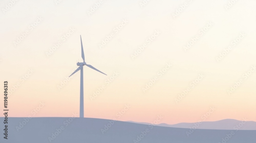 Obraz premium Serene Sunset Silhouette of a Single Wind Turbine on a Gentle Hill