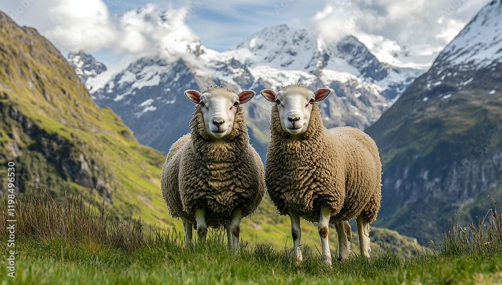Fototapeta premium Two Fluffy Sheep Pose Gracefully in Mountainous Landscape, Majestic Peaks Providing Stunning Backdrop