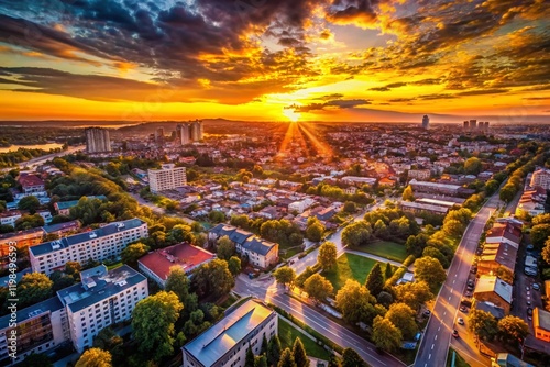 Aerial Drone View of Urban Landscape at Sunset - Cityscape Panorama