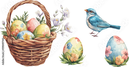 Set of hand drawn illustrations of Easter eggs in a basket With flowers and blue birds on a white background