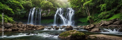 A dramatic waterfall cascading down a rocky cliff surrounded by lush greenery.