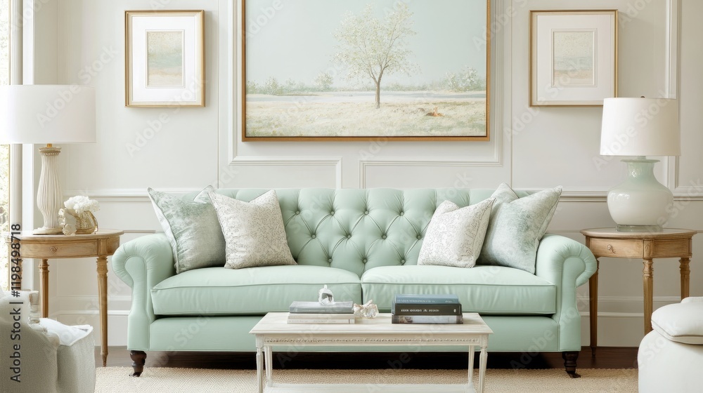 Clean and modern living room featuring a mint green sofa, white walls, and a soft, neutral-toned rug. Simple yet sophisticated decor. Clean and modern living room featuring a mint green sofa, white walls, and a soft, neutral-toned rug. Simple yet sophisticated decor.
