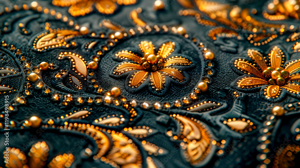 Golden embroidery on black fabric with intricate patterns Golden embroidery on black fabric with intricate patterns