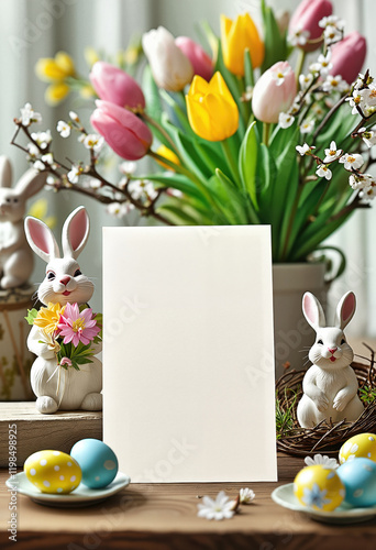 Greeting card mockup in festive Easter setting. Easter postcard with bunny and eggs. Painted eggs and spring flowers with card. Copy space