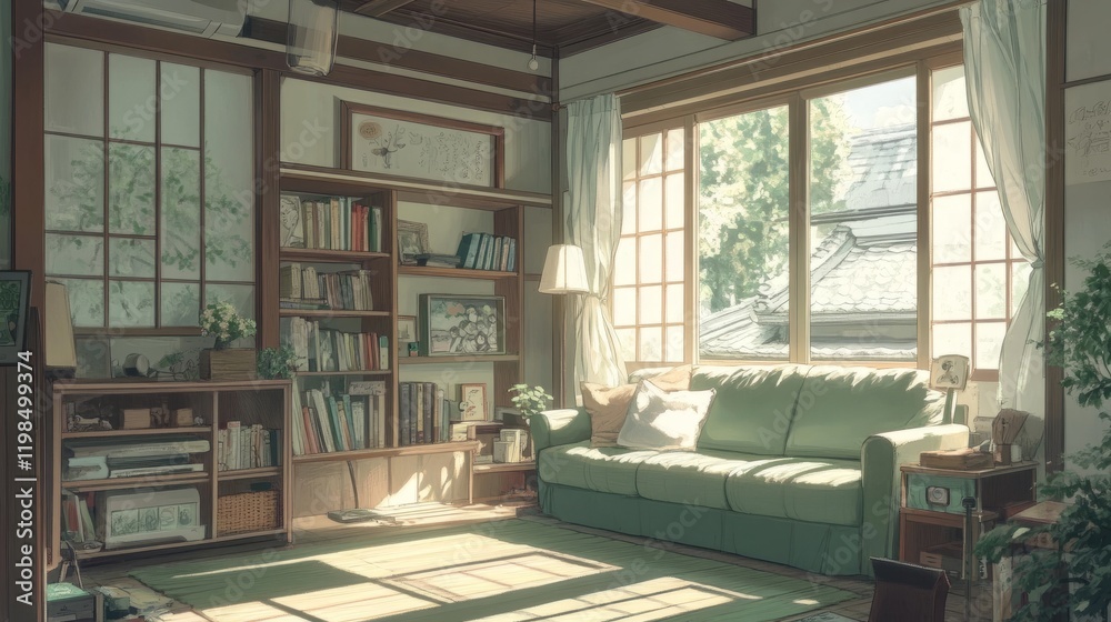 Elegant living room with a mint green sofa, white walls, and wooden accents. The room is filled with natural light and airy vibes. Elegant living room with a mint green sofa, white walls, and wooden accents. The room is filled with natural light and airy vibes.