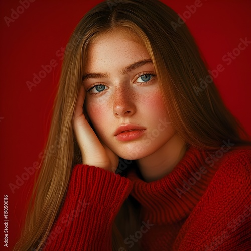 Photo of a Woman in a Red Sweater Against a Bold Background photo