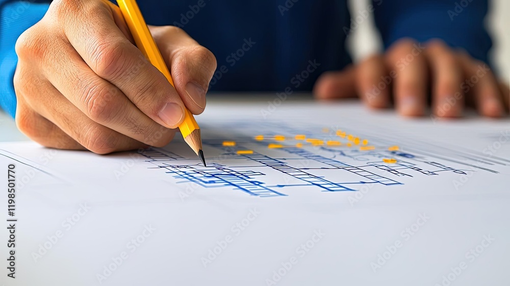 Engineer project concept. A person drawing designs on paper with a pencil, showcasing creativity and planning.