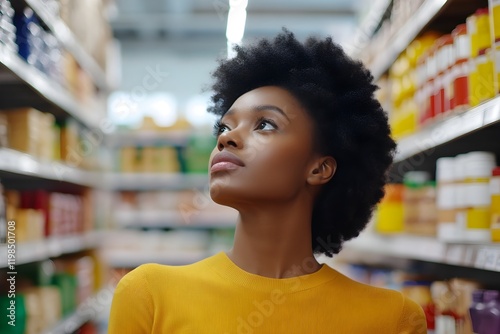 A woman with curly hair is looking at a shelf in a store
