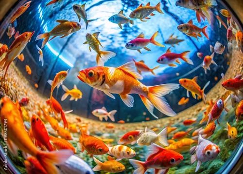Aerial View of Goldfish Aquarium, Drone Photography, Swimming Fish, Underwater World, Pet Fish photo
