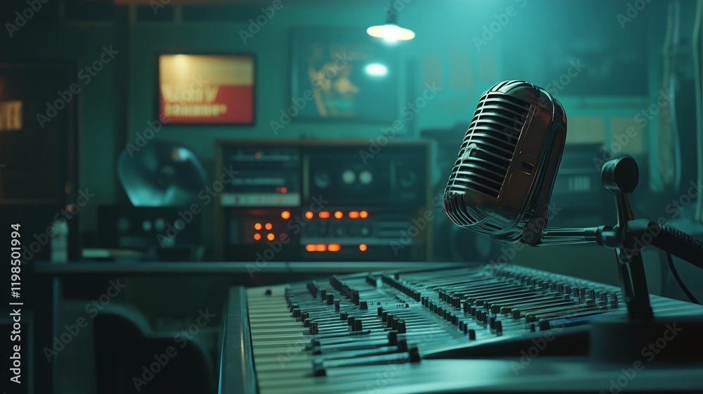 Fototapeta premium Cinematic shot, a radio broadcaster, mic studio, chistopher nolan style