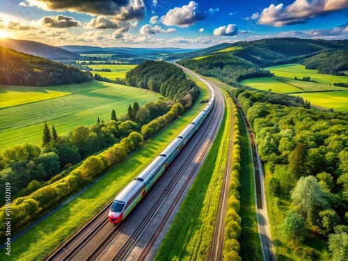 Aerial View of High-Speed Train Traveling Through Lush Green Landscape