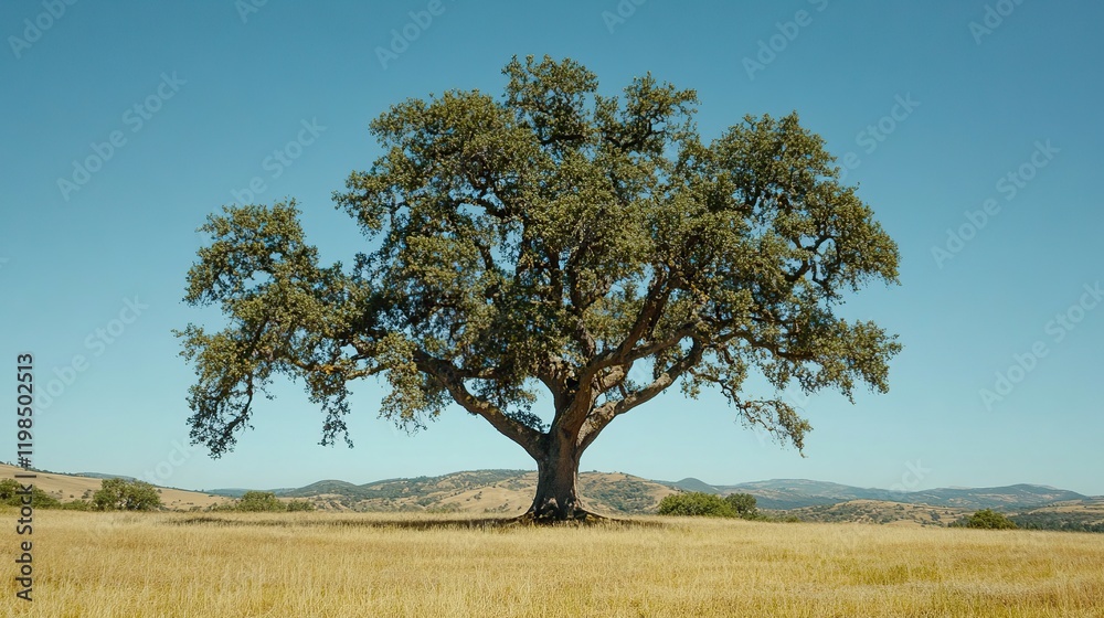Solitary oak tree in a vast, golden field under a clear blue sky. Solitary oak tree in a vast, golden field under a clear blue sky.