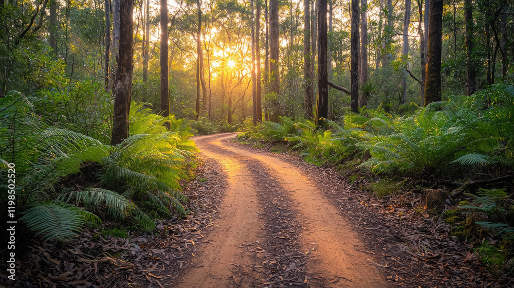 Obraz premium Serene Forest Pathway with Sunlight Filtering Through Trees Creating a Peaceful Atmosphere in a Lush Green Environment