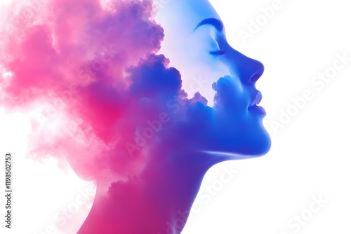 A woman's face is shown in a cloud of pink and blue