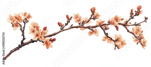 Delicate peach blossom branch with soft pink flowers and buds, isolated on white.