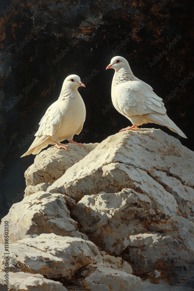 Two white doves perched on rocky outcrop. Two white doves perched on rocky outcrop.