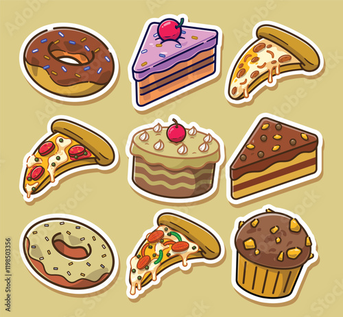 a Set of Sticker of All Bakery Items Including Pizza.