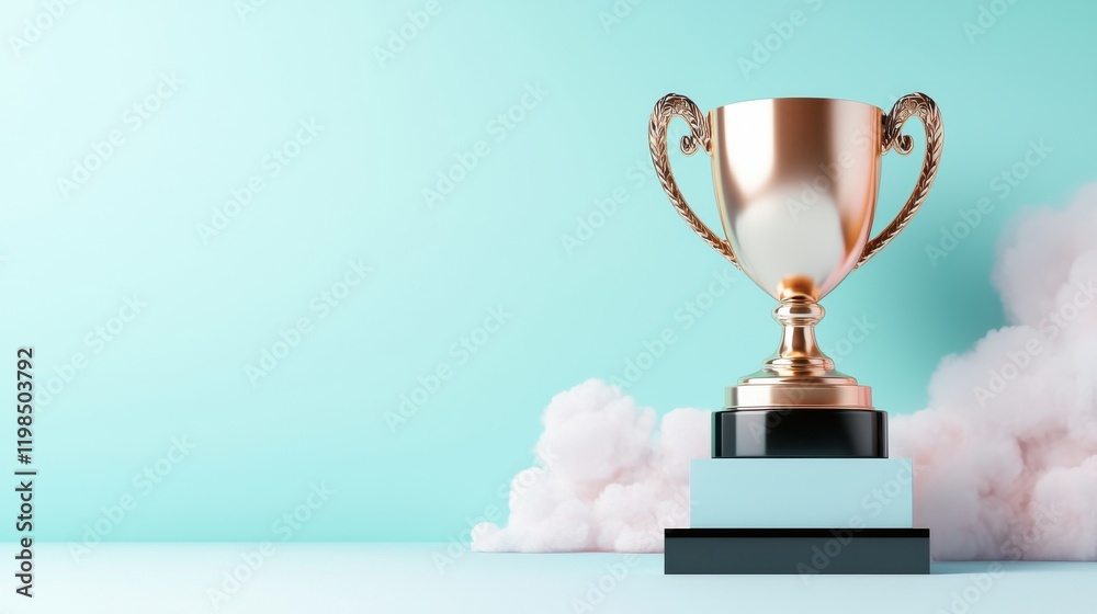 Fototapeta premium A shiny trophy sits atop a black and blue pedestal against a soft, light background, symbolizing achievement and success.