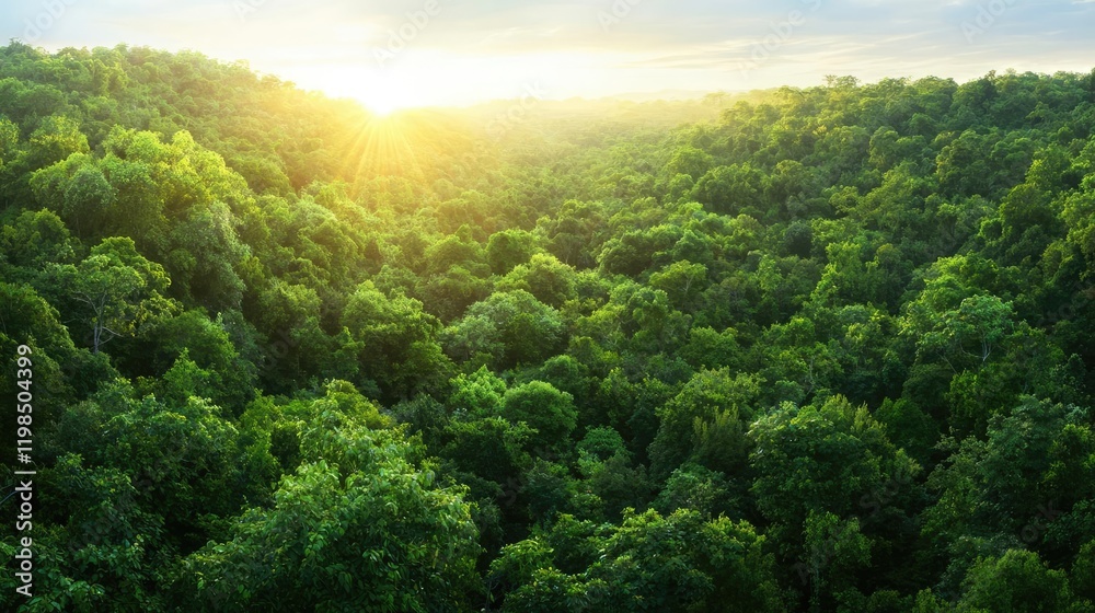 Obraz premium Lush green forest sunset aerial view, nature conservation