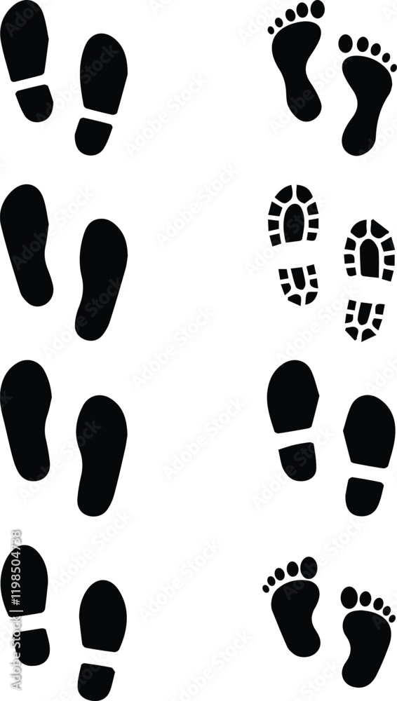 Human foot and shoe print icons set vector illustration isolated on white background Human foot and shoe print icons set vector illustration isolated on white background
