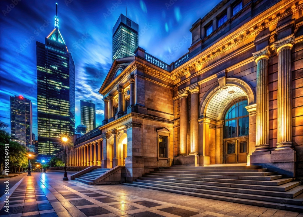 Fototapeta premium A city's night lights dramatically showcase the museum's architectural details, its dark façade glowing.