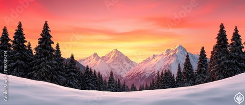 A breathtaking winter landscape with snow-covered mountains, evergreen trees, and a stunning sunset sky in hues of pink and orange.