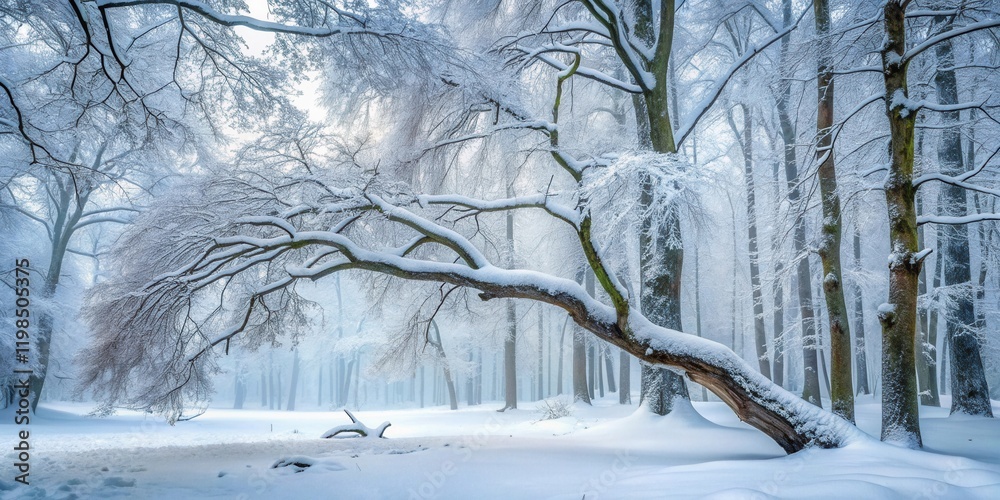 Naklejka premium Serene Winter Woodland Scene Snow-Covered Trees and Branches in a Misty Forest