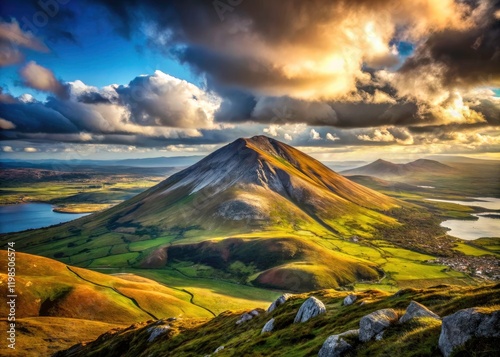 Breathtaking Irish landscape: Croagh Patrick's majestic peak, viewed from Mweelrea's heights.