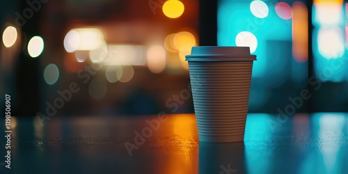 A selective focus image of a coffee cup on a table with the background intentionally blurred, highlighting the subject. photo