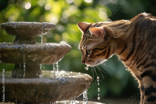 Bengal cat hunting in lush backyard fountain with backlighting