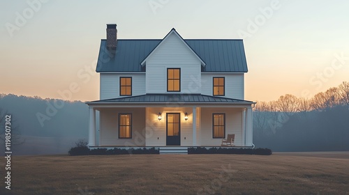 A stunning white farmhouse bathed in the soft glow of twilight.  The idyllic setting and warm lights create a sense of peace and tranquility.