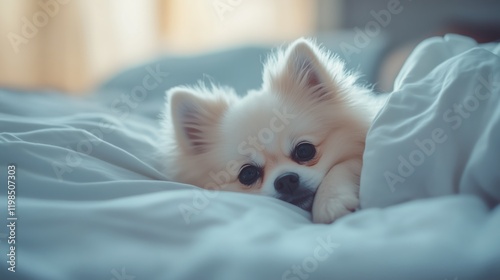 Cute little white Pomeranian lying on the bed, focused on his face with a blurred background. photo