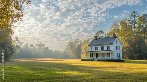 A charming white farmhouse sits peacefully on a vast green field at sunrise. The serene scene is filled with autumn colors, peaceful atmosphere, and beautiful morning light.