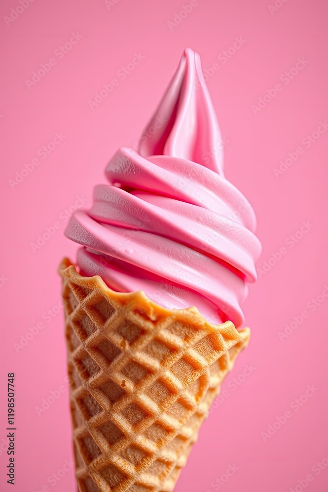 waffle cone with smooth pink ice cream in dynamic motion. Light pink background, seamless color gradients waffle cone with smooth pink ice cream in dynamic motion. Light pink background, seamless color gradients