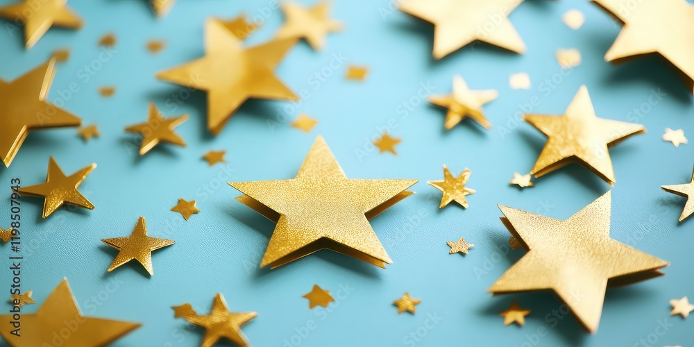 A craft project made of paper featuring cut-out gold stars in various shapes. A craft project made of paper featuring cut-out gold stars in various shapes.
