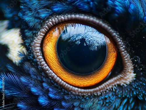 A mesmerizing close-up revealing the intricate details of a bird's eye.  The vibrant colors and textures are captivating.