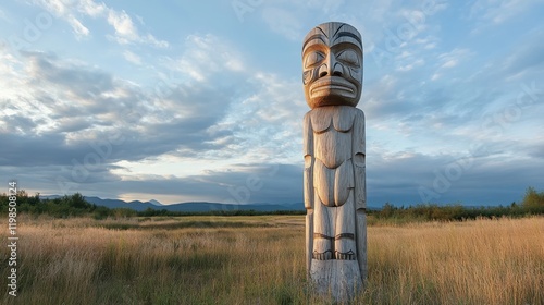 A cultural totem pole carved from wood, standing tall in a field photo