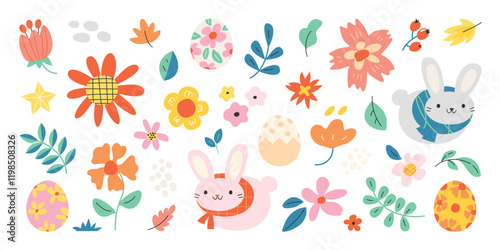 Happy Easter comic element vector set. Cute hand drawn rabbit, easter egg, spring flowers, leaf branch. Collection of doodle animal and adorable design for decorative, card, kids.